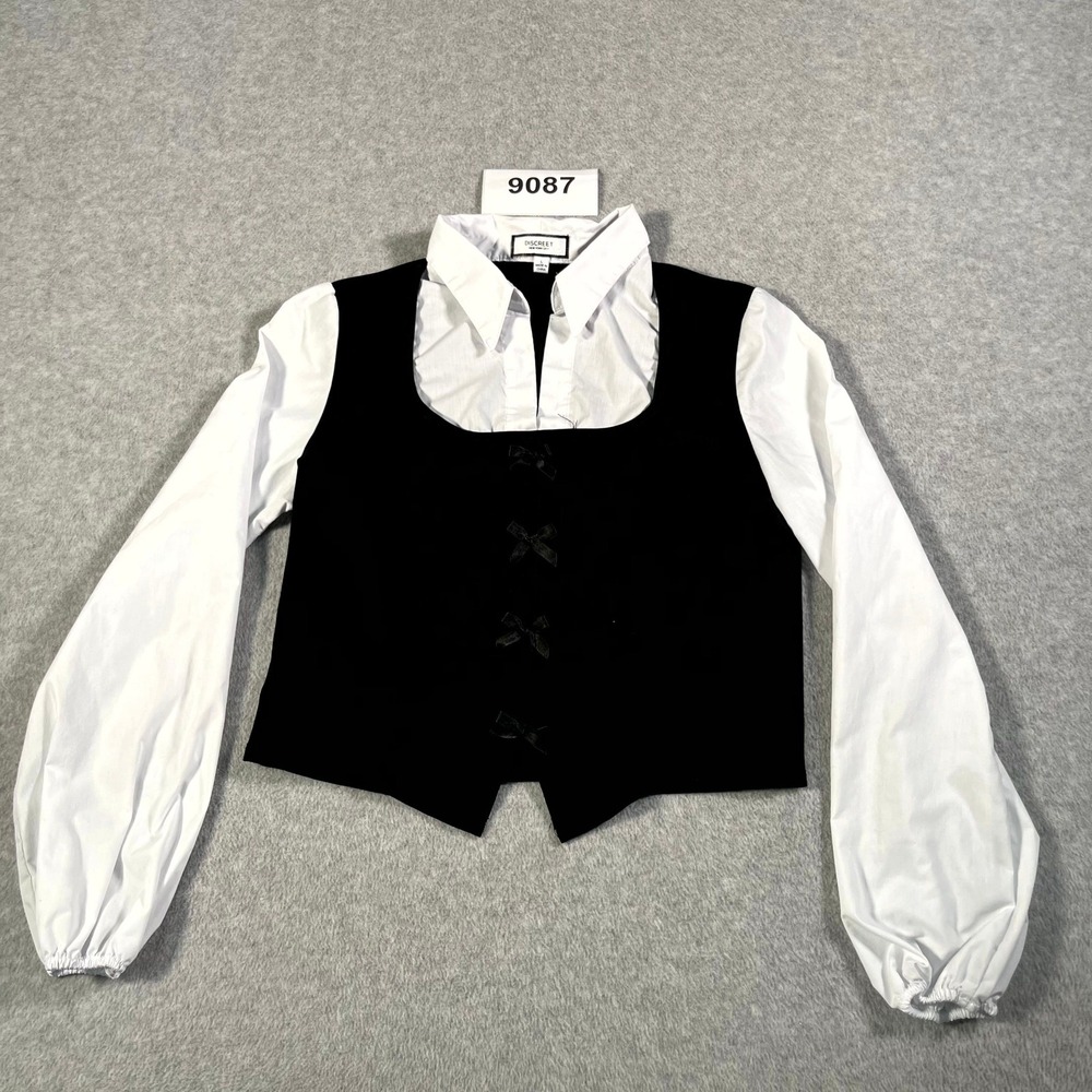 Discreet Shirt Vest Women Large Black White Stretch Collar Bow Front Puff Sleeve